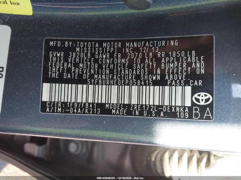 2014 Toyota Corolla Le VIN: 5YFBURHE0EP058415 Lot: 43948328