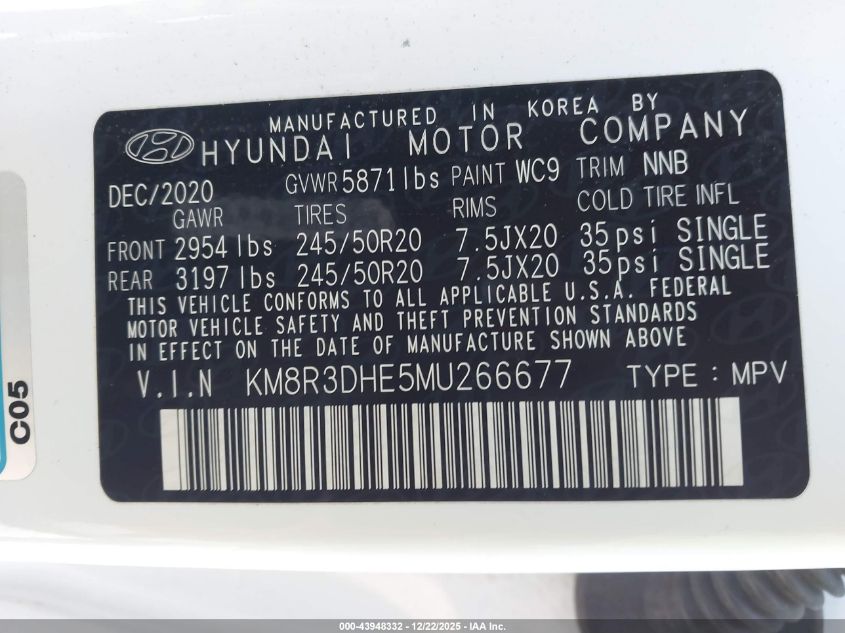 2021 Hyundai Palisade Sel VIN: KM8R3DHE5MU266677 Lot: 43948332