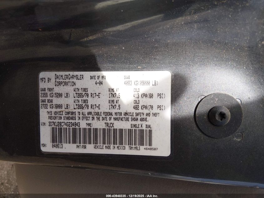 2004 Dodge Ram 2500 Slt/Laramie VIN: 3D7KU28C74G234943 Lot: 43948335