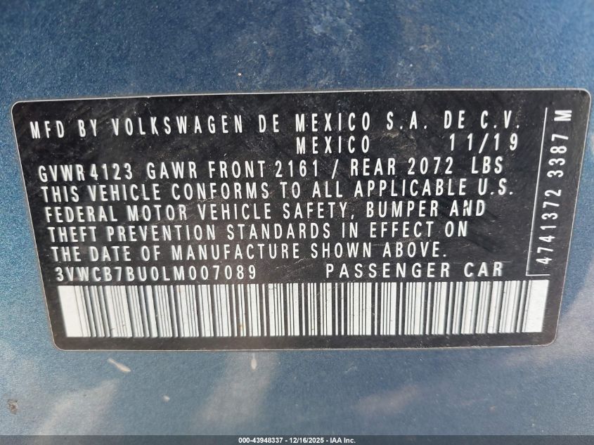 2020 Volkswagen Jetta 1.4T R-Line/1.4T S/1.4T Se VIN: 3VWCB7BU0LM007089 Lot: 43948337