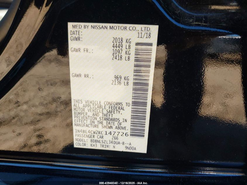 2019 Nissan Altima 2.5 Sr VIN: 1N4BL4CW2KC147726 Lot: 43948340