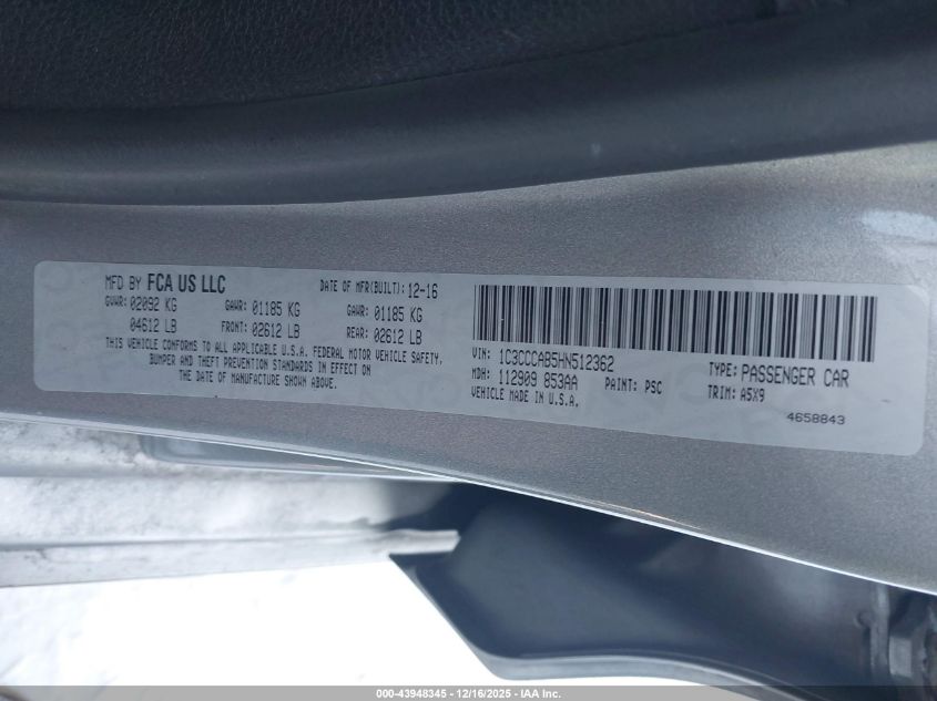 2017 Chrysler 200 Limited VIN: 1C3CCCAB5HN512362 Lot: 43948345