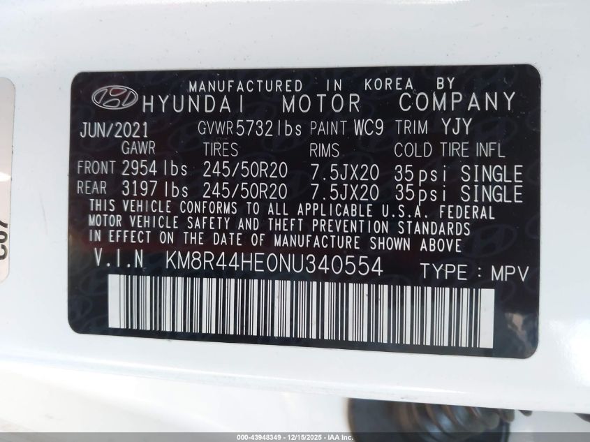 2022 Hyundai Palisade Sel VIN: KM8R44HE0NU340554 Lot: 43948349
