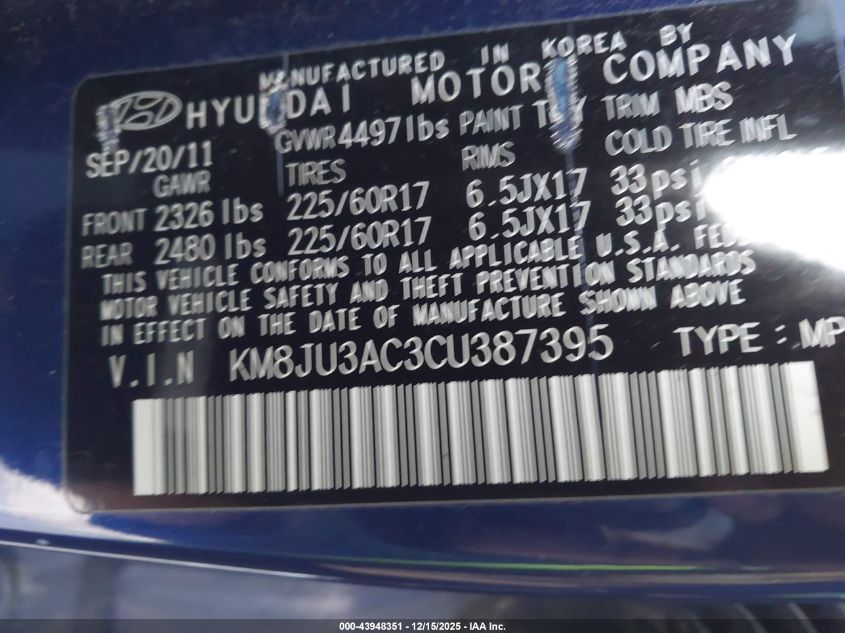 2012 Hyundai Tucson Gls VIN: KM8JU3AC3CU387395 Lot: 43948351