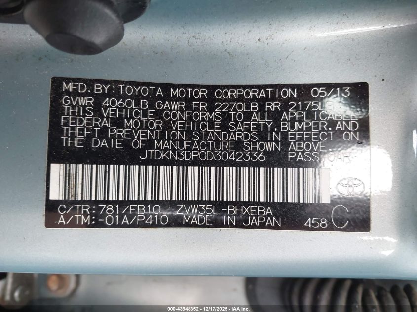 2013 Toyota Prius Plug-In VIN: JTDKN3DP0D3042336 Lot: 43948352