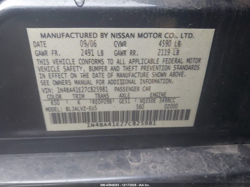 2007 Nissan Maxima 3.5 Se VIN: 1N4BA41E27C825981 Lot: 43948353