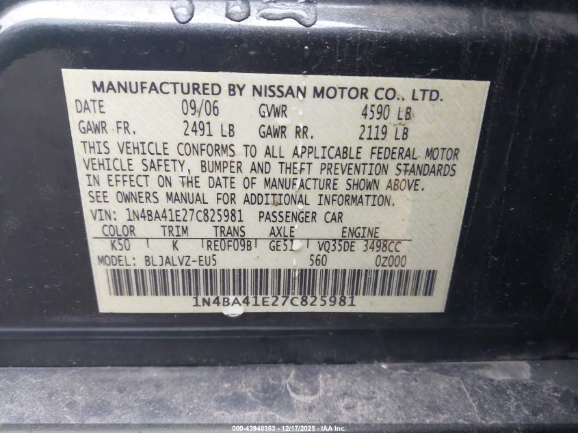 2007 Nissan Maxima 3.5 Se VIN: 1N4BA41E27C825981 Lot: 43948353