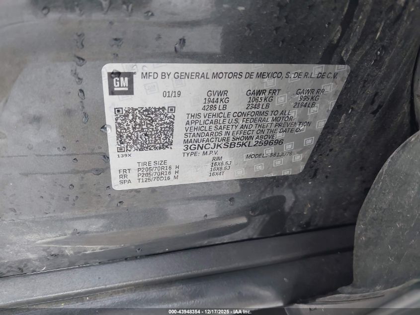 2019 Chevrolet Trax Ls VIN: 3GNCJKSB5KL259696 Lot: 43948354