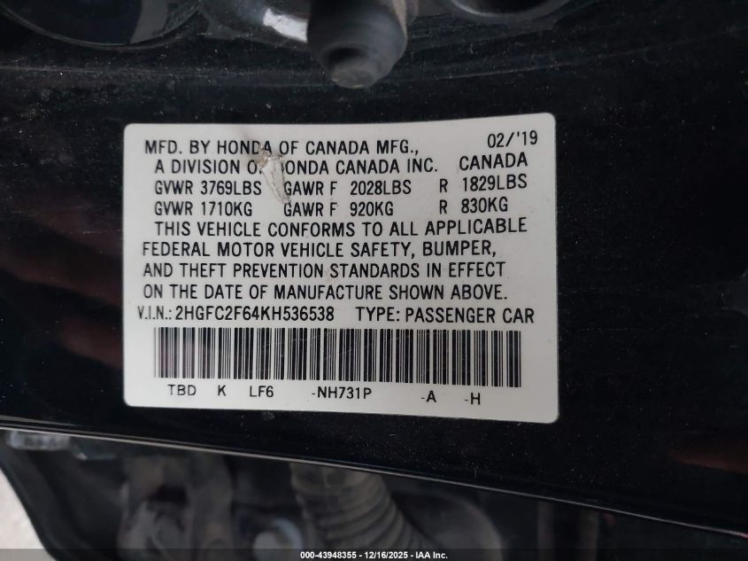 2019 Honda Civic Lx VIN: 2HGFC2F64KH536538 Lot: 43948355