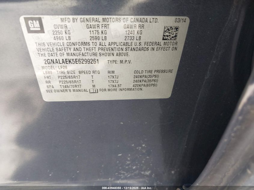 2014 Chevrolet Equinox Ls VIN: 2GNALAEK5E6299261 Lot: 43948358