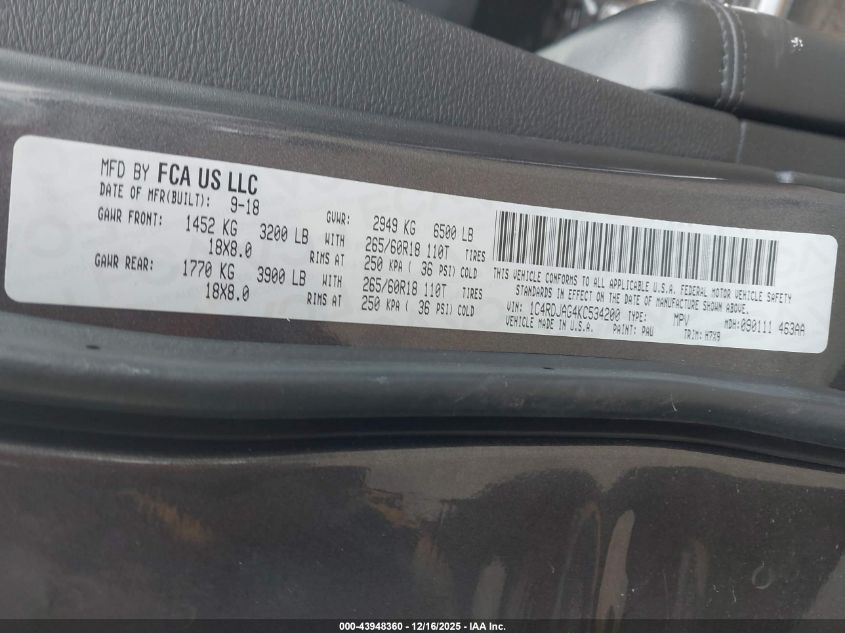 2019 Dodge Durango Sxt Awd VIN: 1C4RDJAG4KC534200 Lot: 43948360