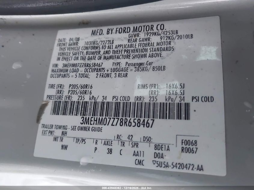 2008 Mercury Milan I4 VIN: 3MEHM07Z78R658467 Lot: 43948362