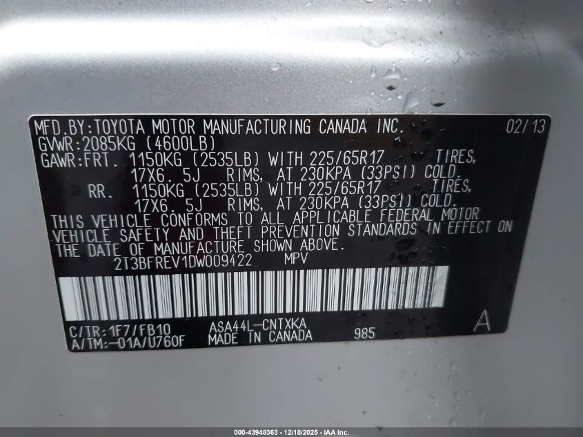 2013 Toyota Rav4 Le VIN: 2T3BFREV1DW009422 Lot: 43948363