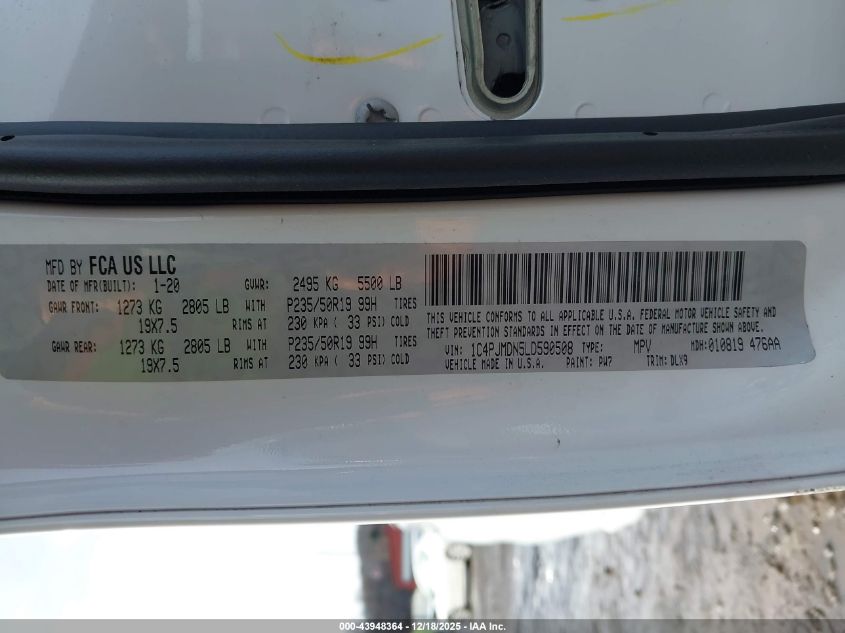 2020 Jeep Cherokee High Altitude 4X4 VIN: 1C4PJMDN5LD590508 Lot: 43948364