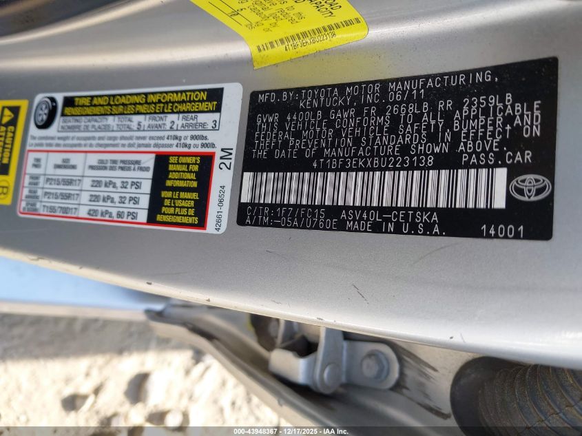 2011 Toyota Camry Se VIN: 4T1BF3EKXBU223138 Lot: 43948367