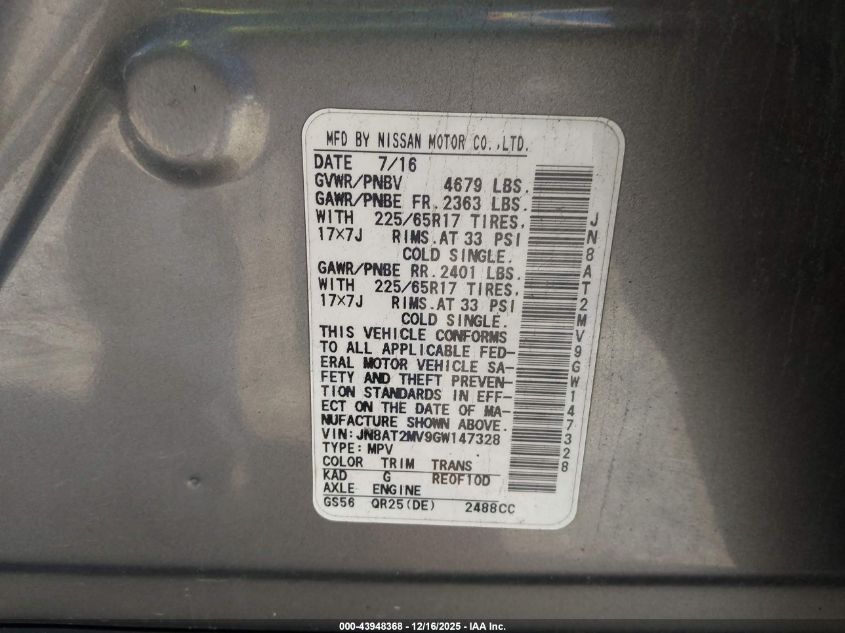 2016 Nissan Rogue S VIN: JN8AT2MV9GW147328 Lot: 43948368