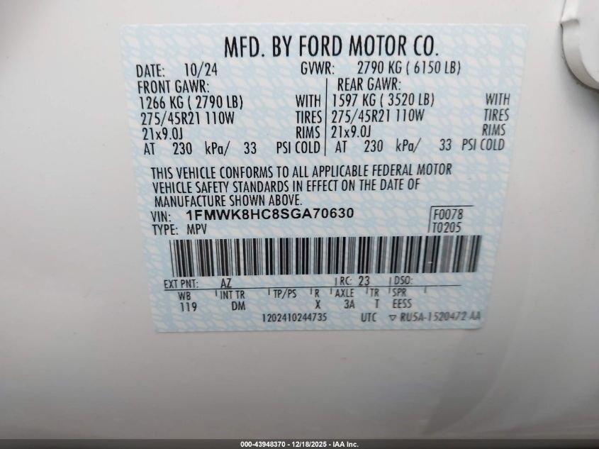 2025 Ford Explorer Platinum VIN: 1FMWK8HC8SGA70630 Lot: 43948370