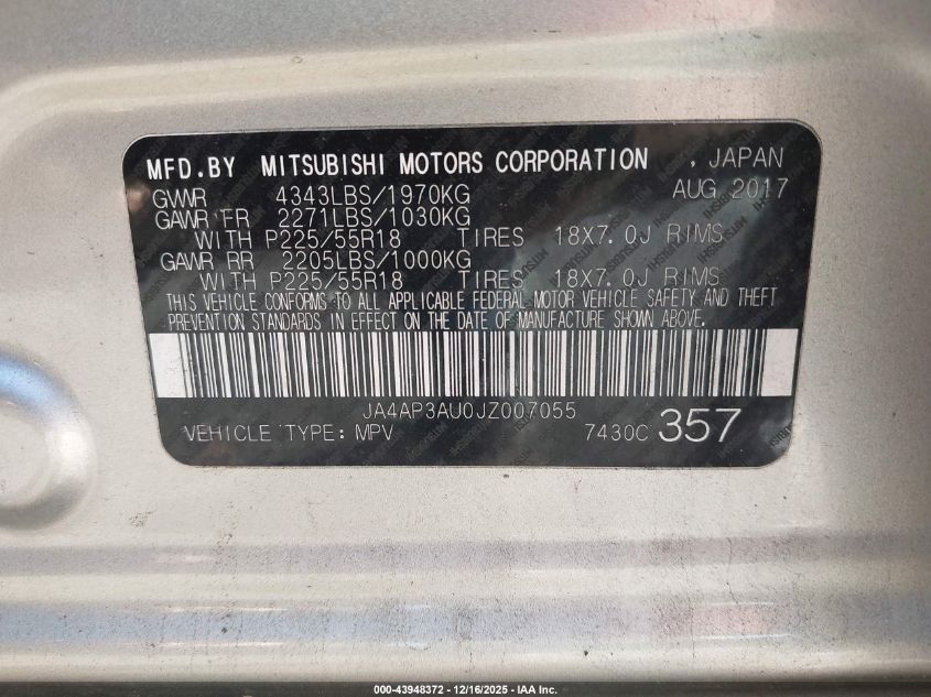 2018 Mitsubishi Outlander Sport 2.0 Es VIN: JA4AP3AU0JZ007055 Lot: 43948372