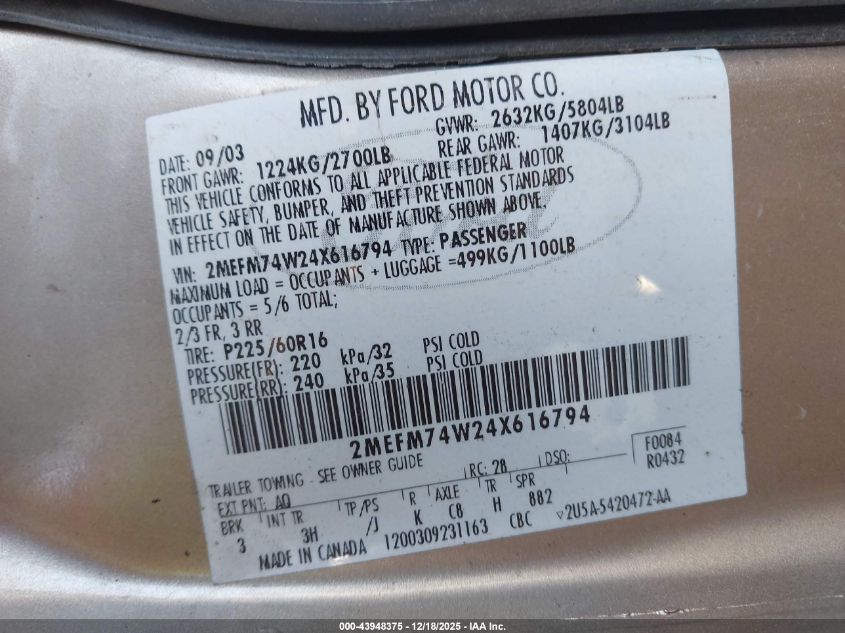 2004 Mercury Grand Marquis Gs VIN: 2MEFM74W24X616794 Lot: 43948375