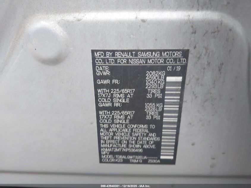 2019 Nissan Rogue Sv VIN: KNMAT2MT7KP536496 Lot: 43948381