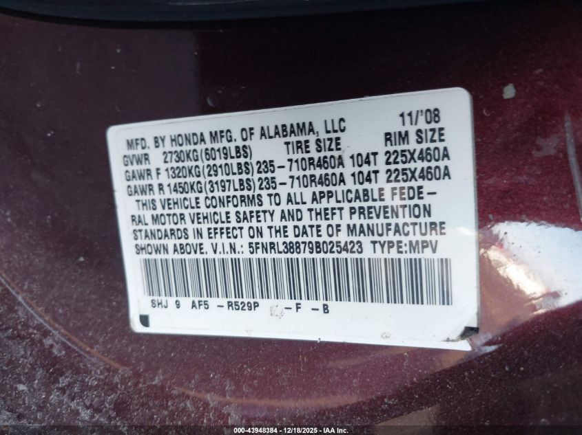 2009 Honda Odyssey Touring VIN: 5FNRL38879B025423 Lot: 43948384