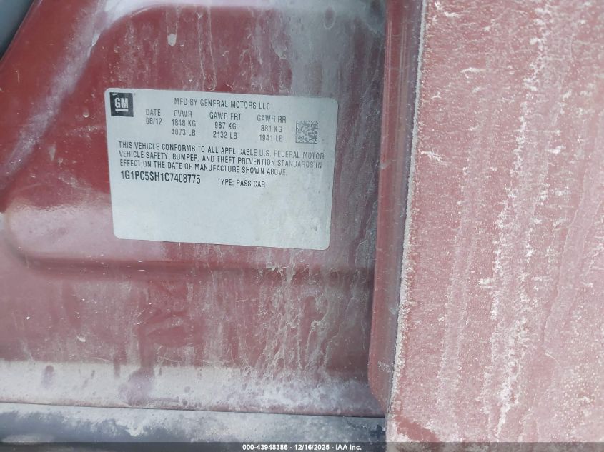 2012 Chevrolet Cruze Ls VIN: 1G1PC5SH1C7408775 Lot: 43948386