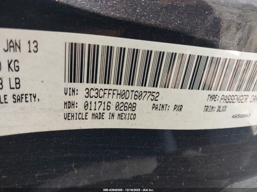 2013 Fiat 500 Abarth VIN: 3C3CFFFH0DT607752 Lot: 43948389