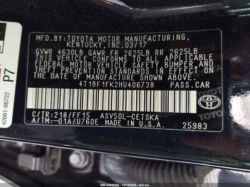 2017 Toyota Camry Se VIN: 4T1BF1FK2HU406738 Lot: 43948392