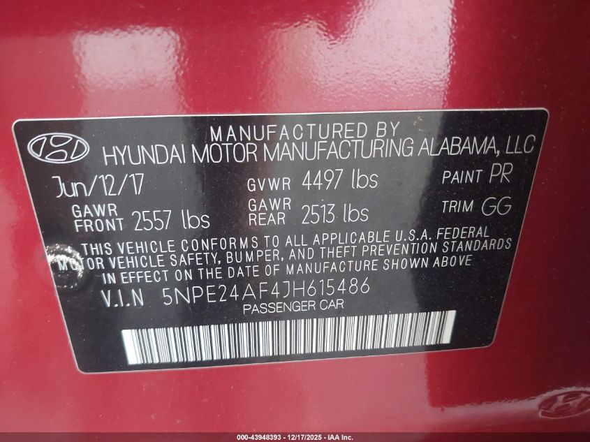 2018 Hyundai Sonata Se VIN: 5NPE24AF4JH615486 Lot: 43948393