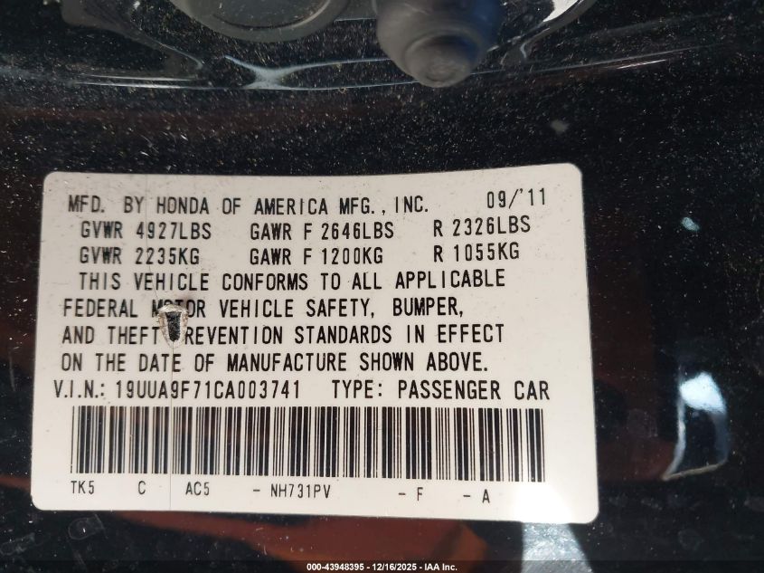 2012 Acura Tl 3.7 VIN: 19UUA9F71CA003741 Lot: 43948395