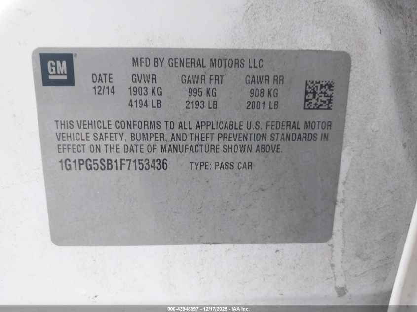 2015 Chevrolet Cruze Ltz VIN: 1G1PG5SB1F7153436 Lot: 43948397