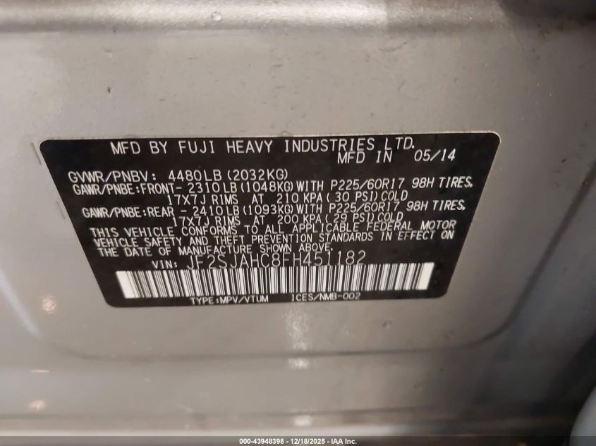 2015 Subaru Forester 2.5I Limited VIN: JF2SJAHC8FH451182 Lot: 43948398