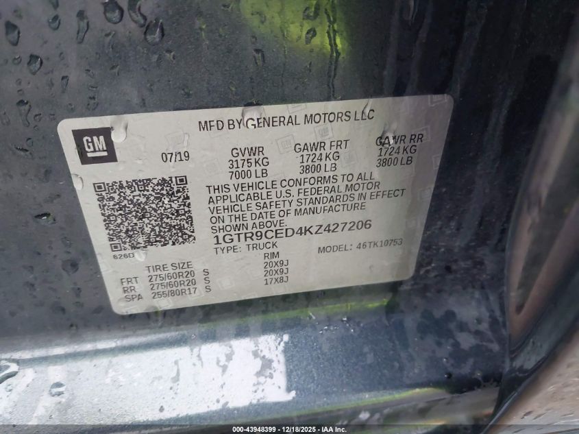 2019 GMC Sierra K1500 Elevation VIN: 1GTR9CED4KZ427720 Lot: 43948399