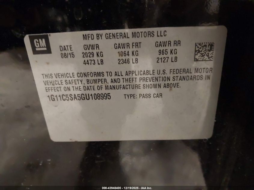 2016 Chevrolet Malibu Limited Lt VIN: 1G11C5SA5GU108995 Lot: 43948400