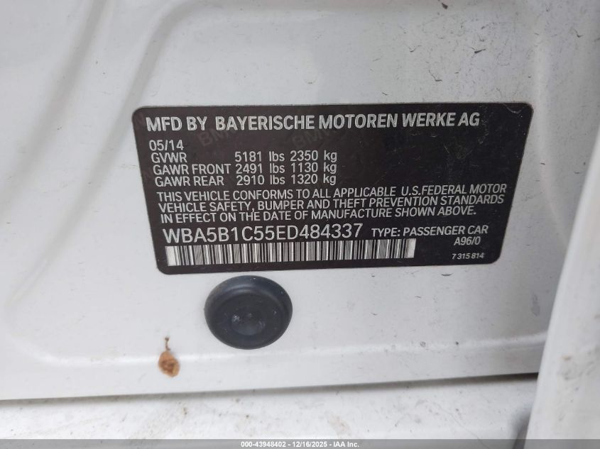 2014 BMW 535I VIN: WBA5B1C55ED484337 Lot: 43948402