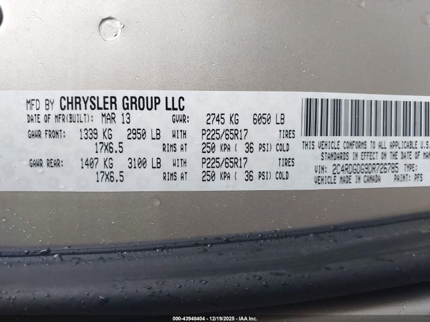 2013 Dodge Grand Caravan Crew VIN: 2C4RDGDG9DR726785 Lot: 43948404