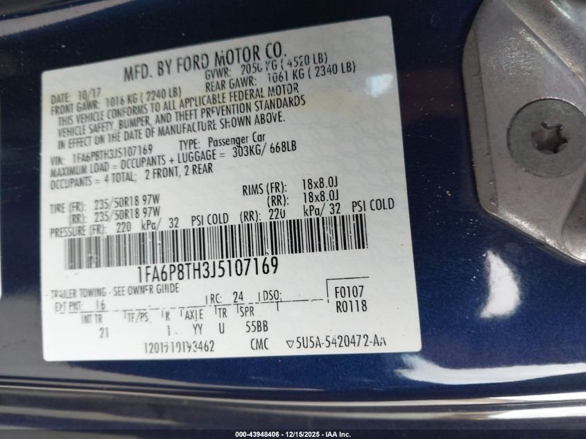 2018 Ford Mustang Ecoboost VIN: 1FA6P8TH3J5107169 Lot: 43948406