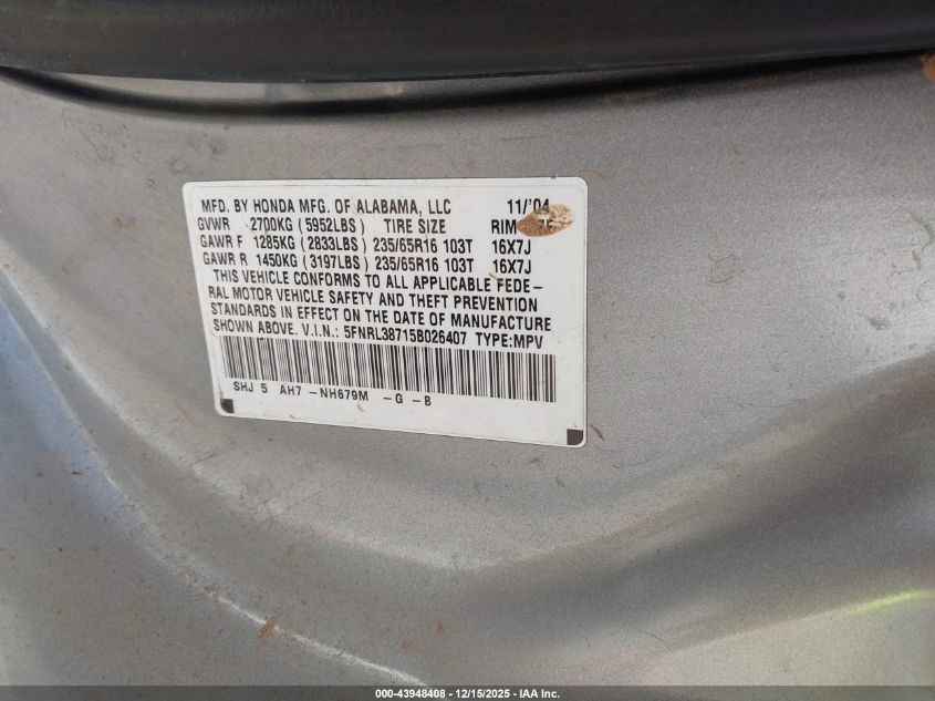 2005 Honda Odyssey Ex-L VIN: 5FNRL38715B026407 Lot: 43948408