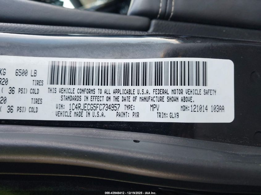 2015 Jeep Grand Cherokee Overland VIN: 1C4RJECG5FC734957 Lot: 43948412