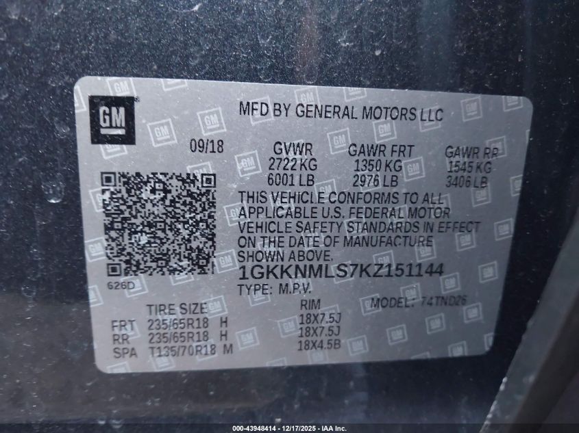 2019 GMC Acadia Slt-1 VIN: 1GKKNMLS7KZ151144 Lot: 43948414