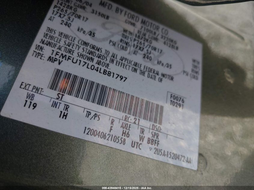 2004 Ford Expedition Eddie Bauer VIN: 1FMFU17L04LB81797 Lot: 43948415