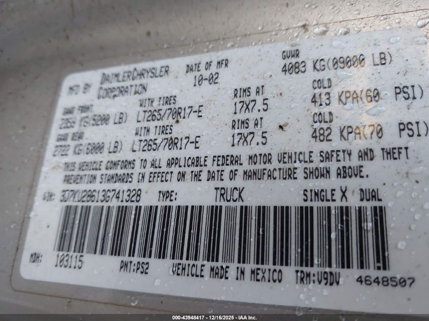 2003 Dodge Ram 2500 Slt/Laramie/St VIN: 3D7KU28613G741328 Lot: 43948417