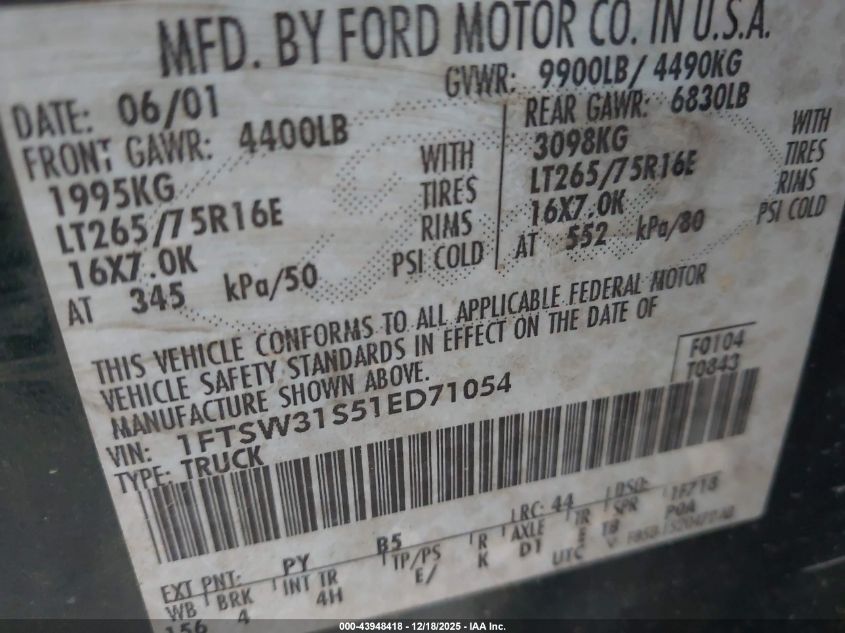 2001 Ford F-350 Lariat/Xl/Xlt VIN: 1FTSW31S51ED71054 Lot: 43948418