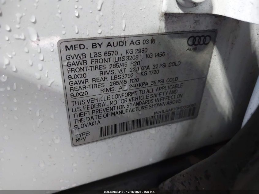 2017 Audi Q7 3.0T Premium VIN: WA1LAAF70HD013057 Lot: 43948419