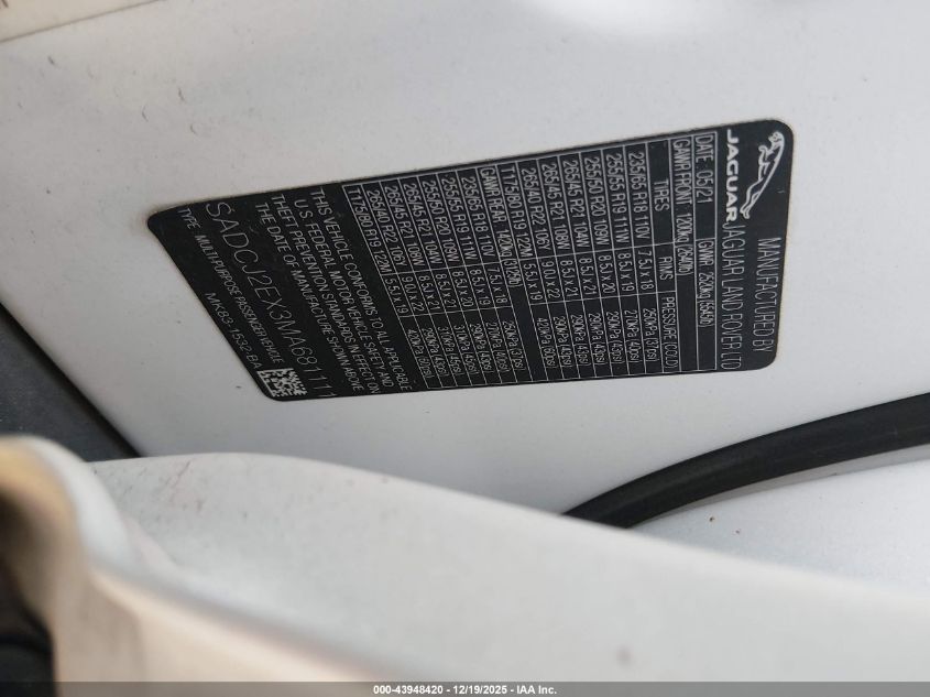 2021 Jaguar F-Pace S P250 Awd Automatic VIN: SADCJ2EX3MA681111 Lot: 43948420