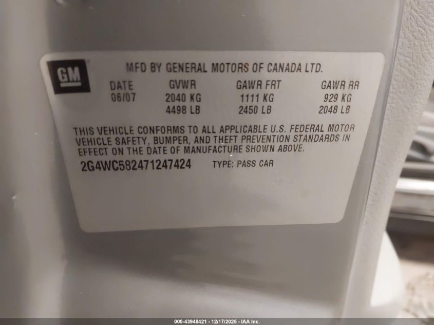 2007 Buick Lacrosse Cx VIN: 2G4WC582471247424 Lot: 43948421