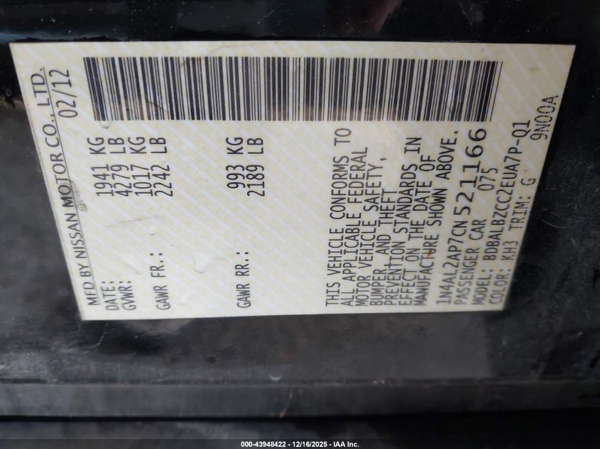 2012 Nissan Altima 2.5 S VIN: 1N4AL2AP7CN521166 Lot: 43948422