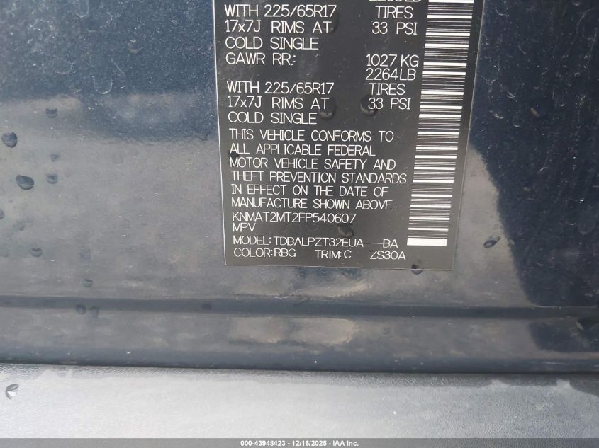 2015 Nissan Rogue S VIN: KNMAT2MT2FP540607 Lot: 43948423