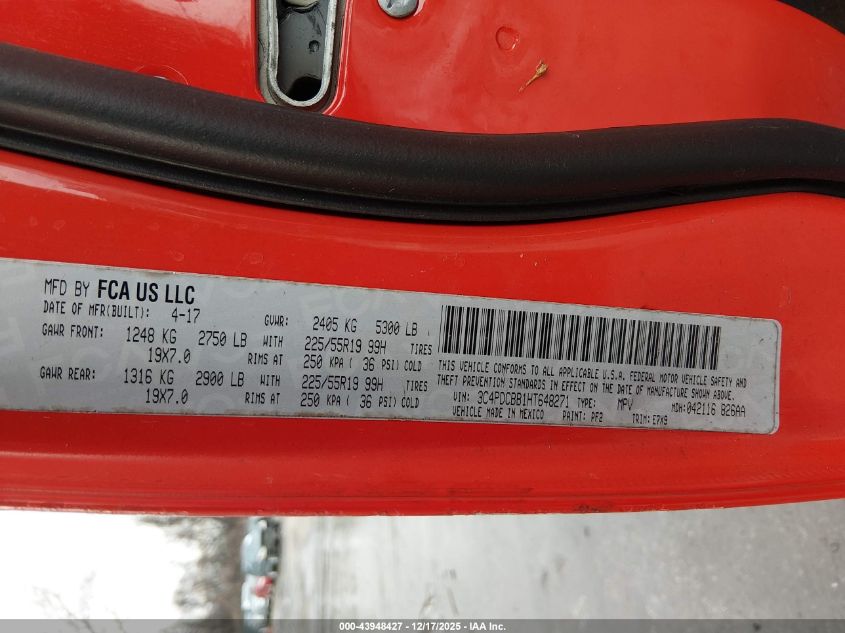 2017 Dodge Journey Sxt VIN: 3C4PDCBB1HT648271 Lot: 43948427