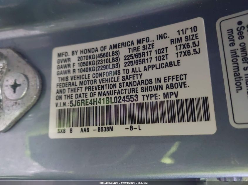 2011 Honda Cr-V Se VIN: 5J6RE4H41BL024553 Lot: 43948429